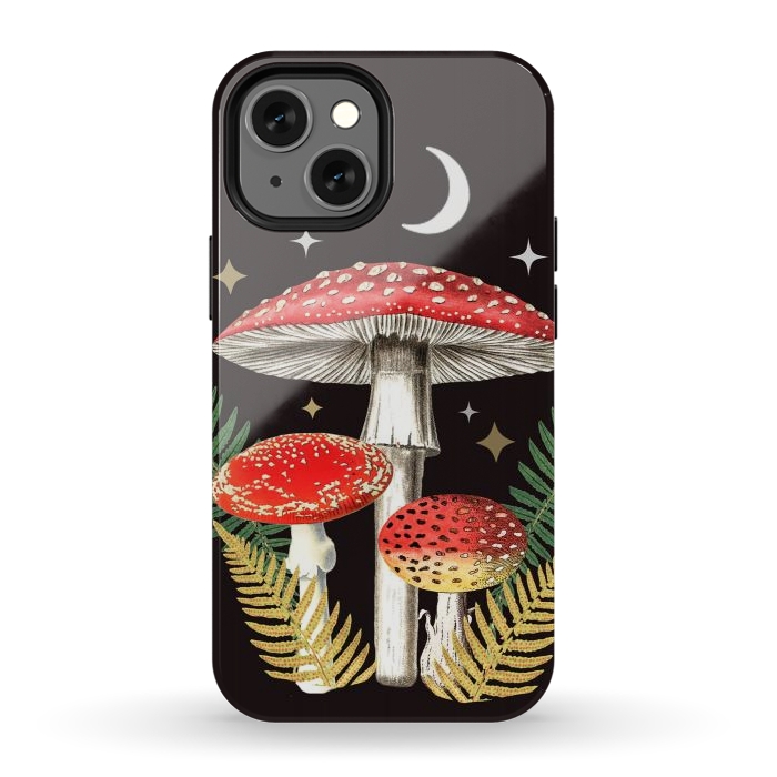 iPhone 12 mini StrongFit Red mushrooms, stars and Moon - whimsical cottagecore forest illustration by Oana 