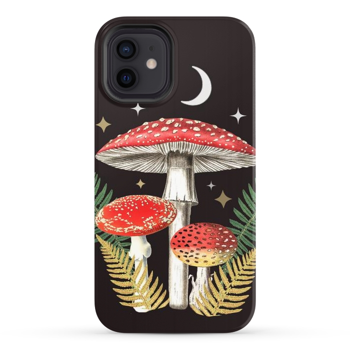 iPhone 12 StrongFit Red mushrooms, stars and Moon - whimsical cottagecore forest illustration by Oana 