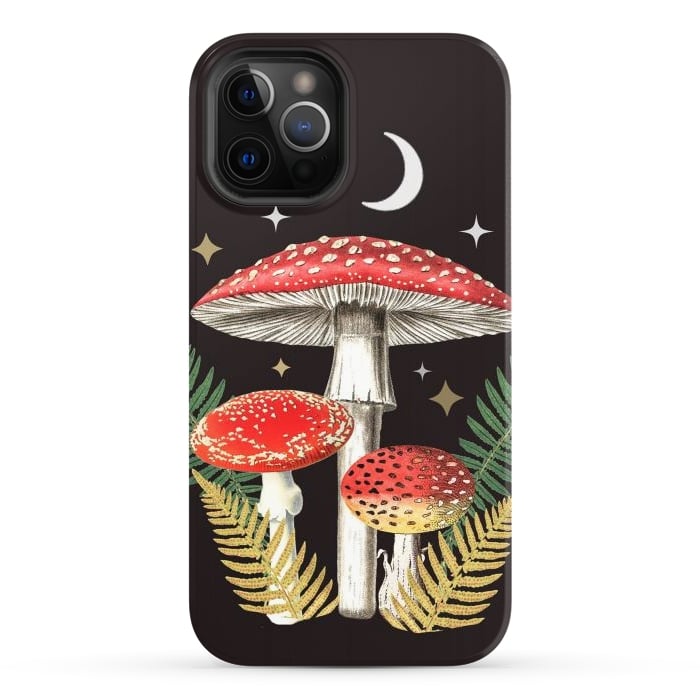 iPhone 12 Pro StrongFit Red mushrooms, stars and Moon - whimsical cottagecore forest illustration by Oana 