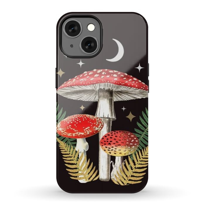 iPhone 13 StrongFit Red mushrooms, stars and Moon - whimsical cottagecore forest illustration by Oana 