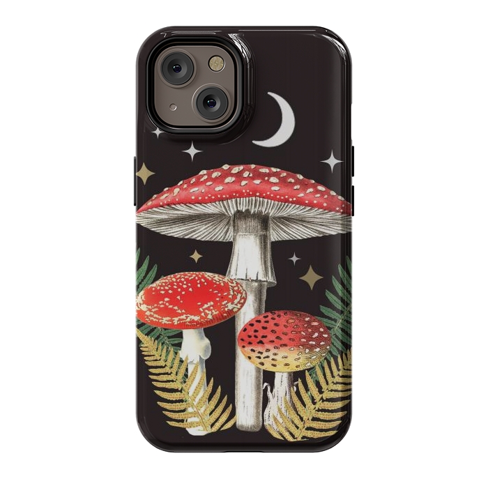 iPhone 14 StrongFit Red mushrooms, stars and Moon - whimsical cottagecore forest illustration by Oana 