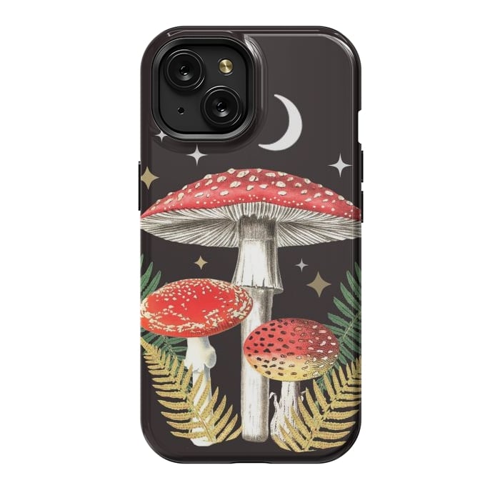 iPhone 15 StrongFit Red mushrooms, stars and Moon - whimsical cottagecore forest illustration by Oana 