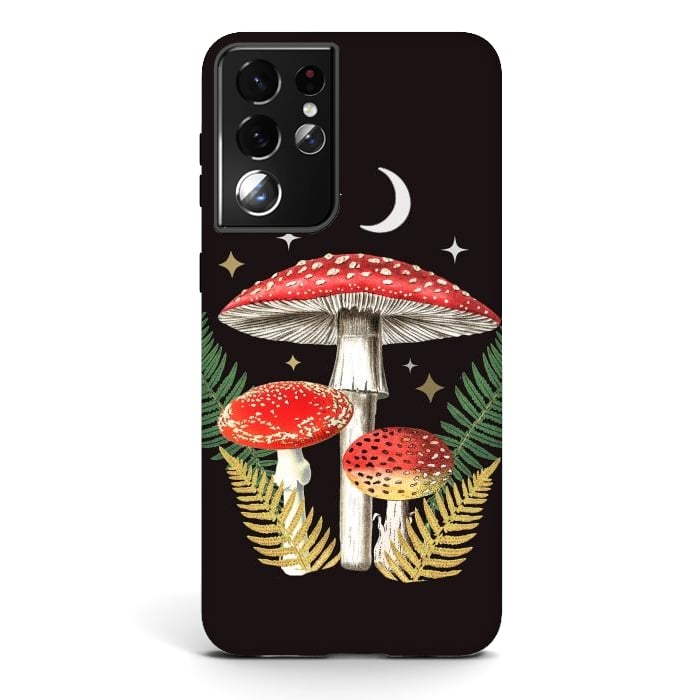 Galaxy S21 ultra StrongFit Red mushrooms, stars and Moon - whimsical cottagecore forest illustration by Oana 