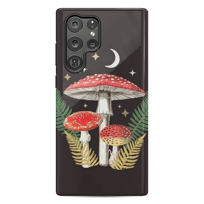Galaxy S22 Ultra StrongFit Red mushrooms, stars and Moon - whimsical cottagecore forest illustration by Oana 