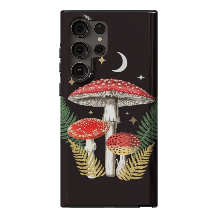 Galaxy S23 Ultra StrongFit Red mushrooms, stars and Moon - whimsical cottagecore forest illustration by Oana 