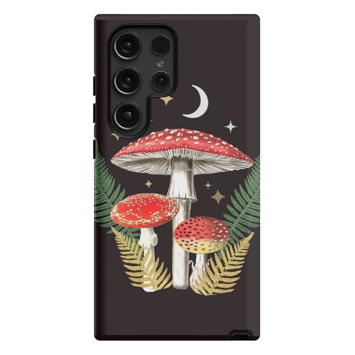 Galaxy S24 Ultra StrongFit Red mushrooms, stars and Moon - whimsical cottagecore forest illustration by Oana 
