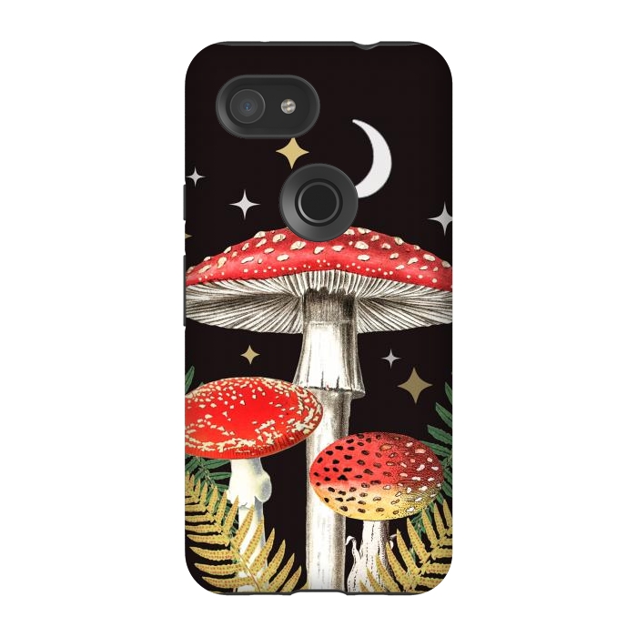 Pixel 3A StrongFit Red mushrooms, stars and Moon - whimsical cottagecore forest illustration by Oana 