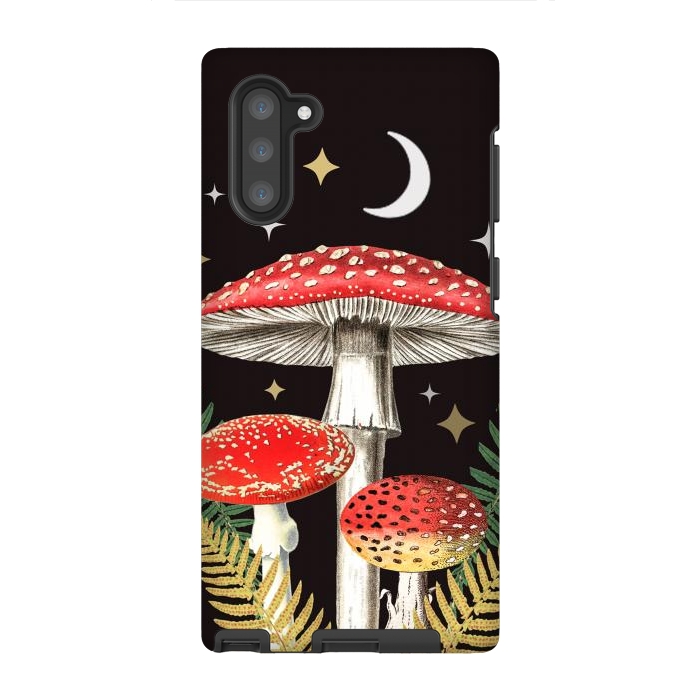Galaxy Note 10 StrongFit Red mushrooms, stars and Moon - whimsical cottagecore forest illustration by Oana 