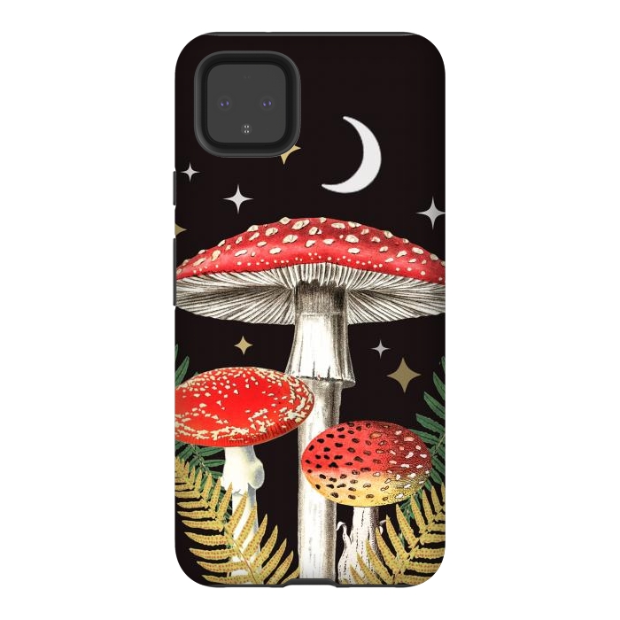 Pixel 4XL StrongFit Red mushrooms, stars and Moon - whimsical cottagecore forest illustration by Oana 