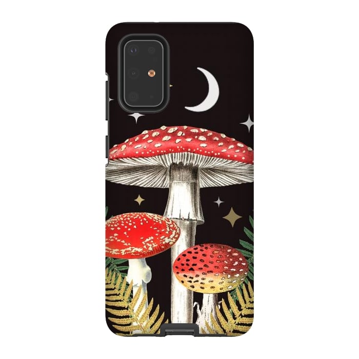 Galaxy S20 Plus StrongFit Red mushrooms, stars and Moon - whimsical cottagecore forest illustration by Oana 