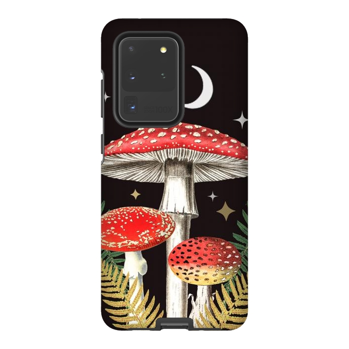 Galaxy S20 Ultra StrongFit Red mushrooms, stars and Moon - whimsical cottagecore forest illustration by Oana 