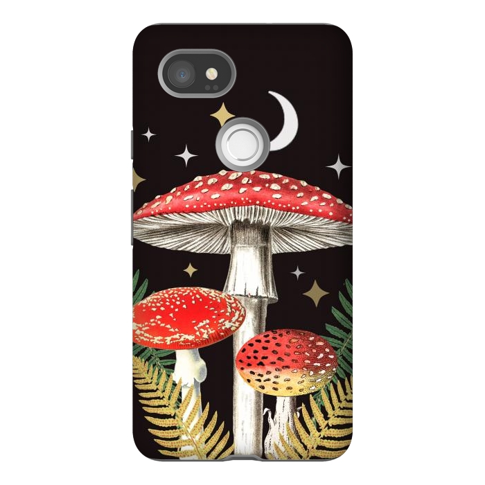 Pixel 2XL StrongFit Red mushrooms, stars and Moon - whimsical cottagecore forest illustration by Oana 