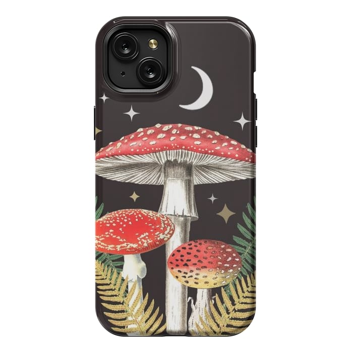 iPhone 15 Plus StrongFit Red mushrooms, stars and Moon - whimsical cottagecore forest illustration by Oana 