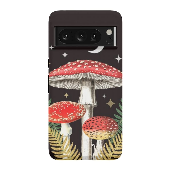 Pixel 8 Pro StrongFit Red mushrooms, stars and Moon - whimsical cottagecore forest illustration by Oana 