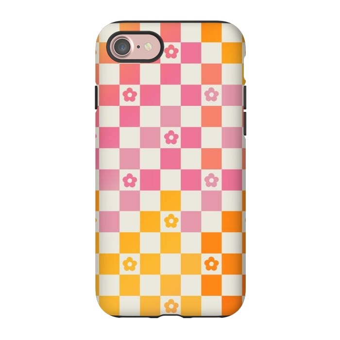 iPhone 7 StrongFit Retro checks and daisy flowers - 70s gradient checkered pattern by Oana 