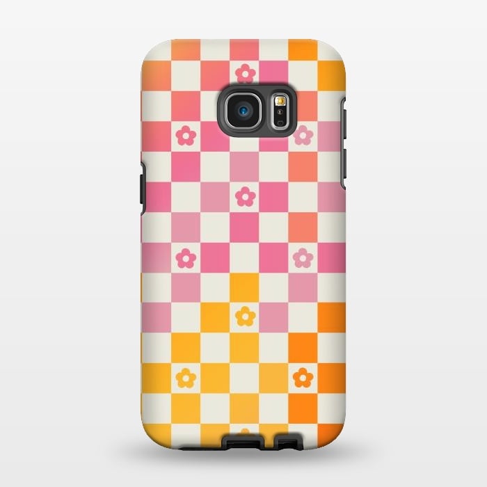 Galaxy S7 EDGE StrongFit Retro checks and daisy flowers - 70s gradient checkered pattern by Oana 