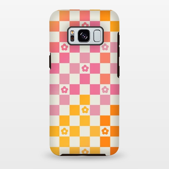 Galaxy S8 plus StrongFit Retro checks and daisy flowers - 70s gradient checkered pattern by Oana 