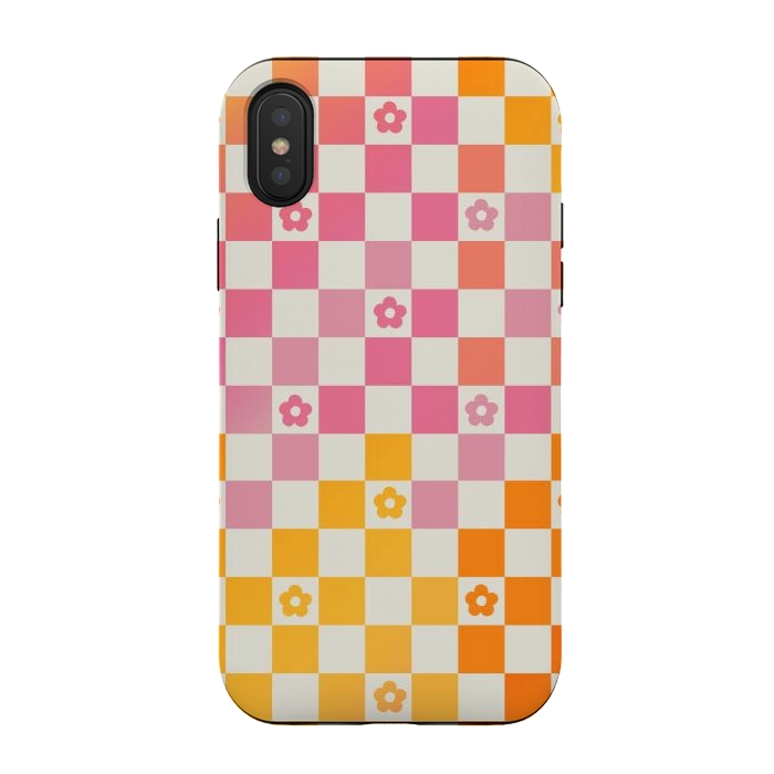 iPhone Xs / X StrongFit Retro checks and daisy flowers - 70s gradient checkered pattern by Oana 