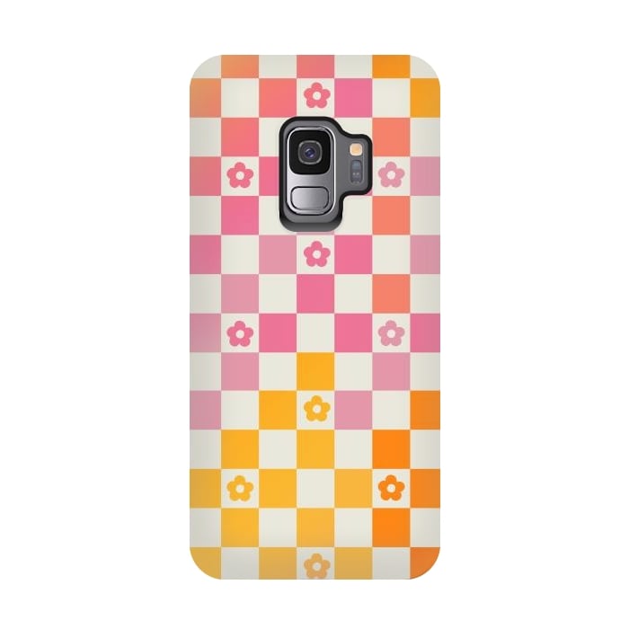 Galaxy S9 StrongFit Retro checks and daisy flowers - 70s gradient checkered pattern by Oana 