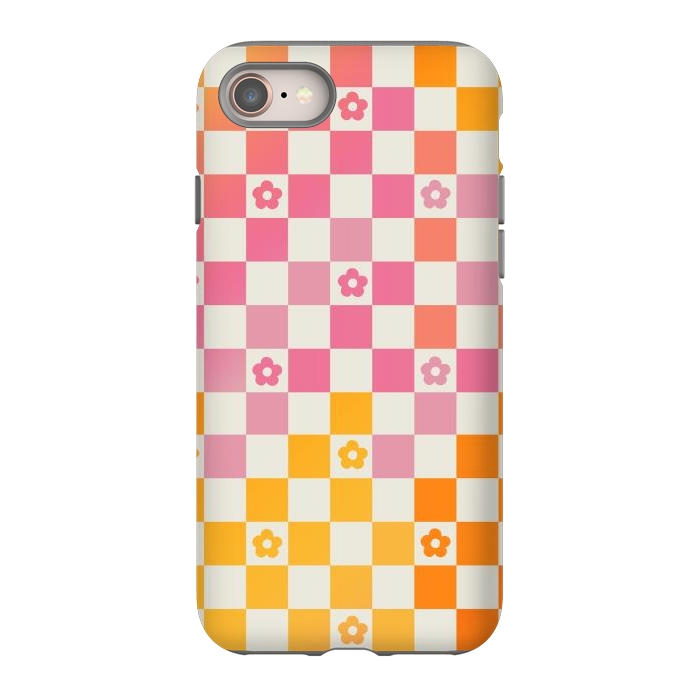 iPhone 8 StrongFit Retro checks and daisy flowers - 70s gradient checkered pattern by Oana 
