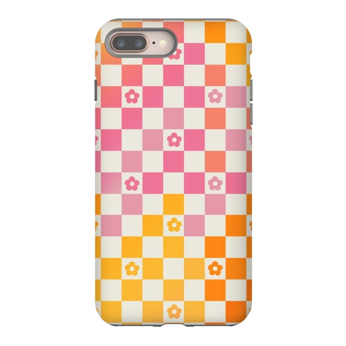 iPhone 8 plus StrongFit Retro checks and daisy flowers - 70s gradient checkered pattern by Oana 