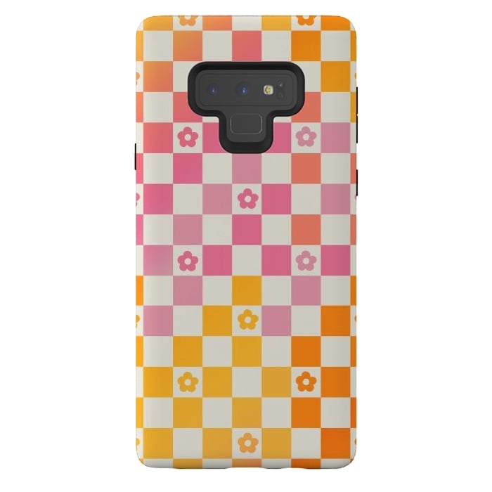 Galaxy Note 9 StrongFit Retro checks and daisy flowers - 70s gradient checkered pattern by Oana 