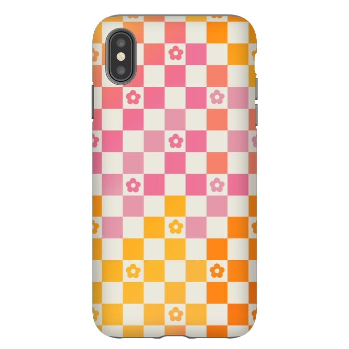 iPhone Xs Max StrongFit Retro checks and daisy flowers - 70s gradient checkered pattern by Oana 
