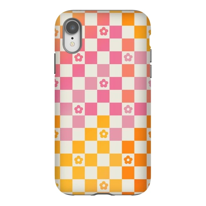iPhone Xr StrongFit Retro checks and daisy flowers - 70s gradient checkered pattern by Oana 