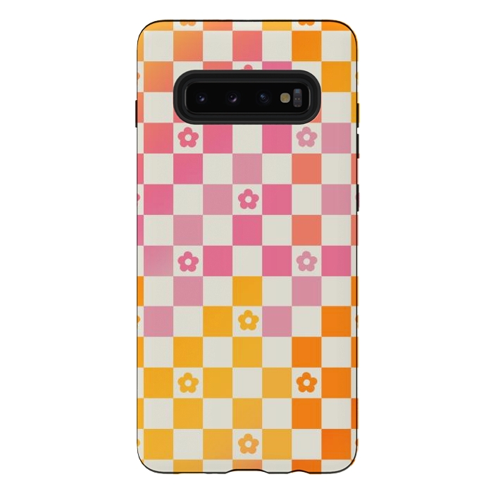 Galaxy S10 plus StrongFit Retro checks and daisy flowers - 70s gradient checkered pattern by Oana 