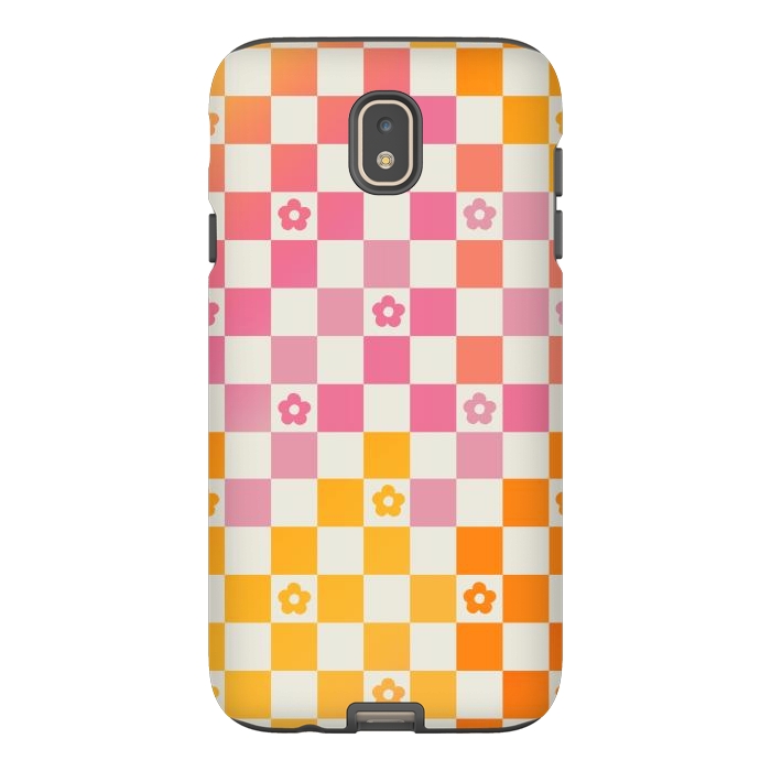 Galaxy J7 StrongFit Retro checks and daisy flowers - 70s gradient checkered pattern by Oana 