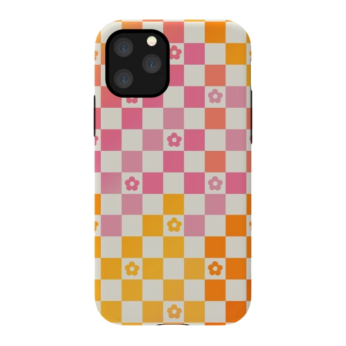 iPhone 11 Pro StrongFit Retro checks and daisy flowers - 70s gradient checkered pattern by Oana 