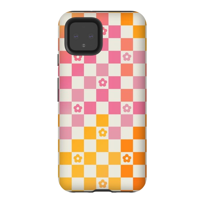 Pixel 4 StrongFit Retro checks and daisy flowers - 70s gradient checkered pattern by Oana 