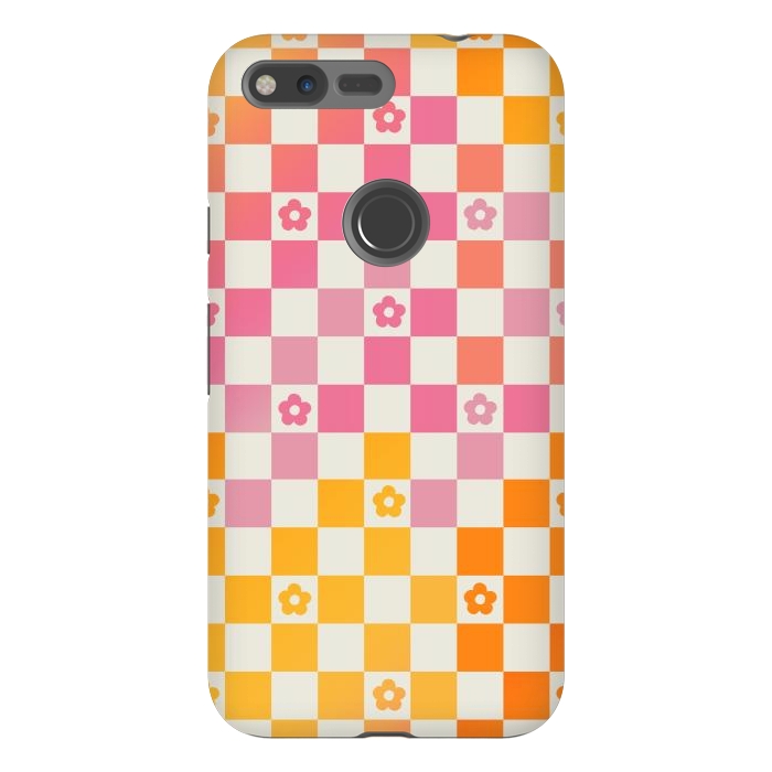 Pixel XL StrongFit Retro checks and daisy flowers - 70s gradient checkered pattern by Oana 