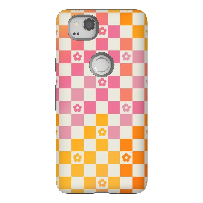Pixel 2 StrongFit Retro checks and daisy flowers - 70s gradient checkered pattern by Oana 