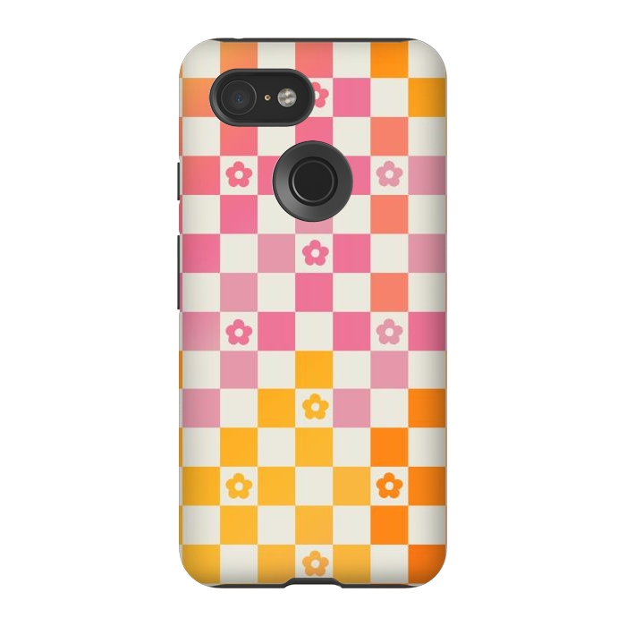 Pixel 3 StrongFit Retro checks and daisy flowers - 70s gradient checkered pattern by Oana 