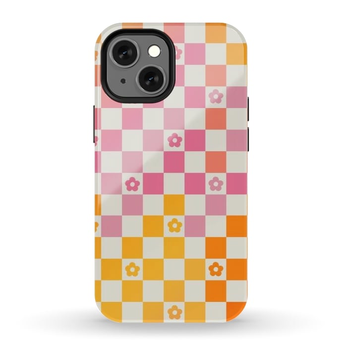 iPhone 12 mini StrongFit Retro checks and daisy flowers - 70s gradient checkered pattern by Oana 