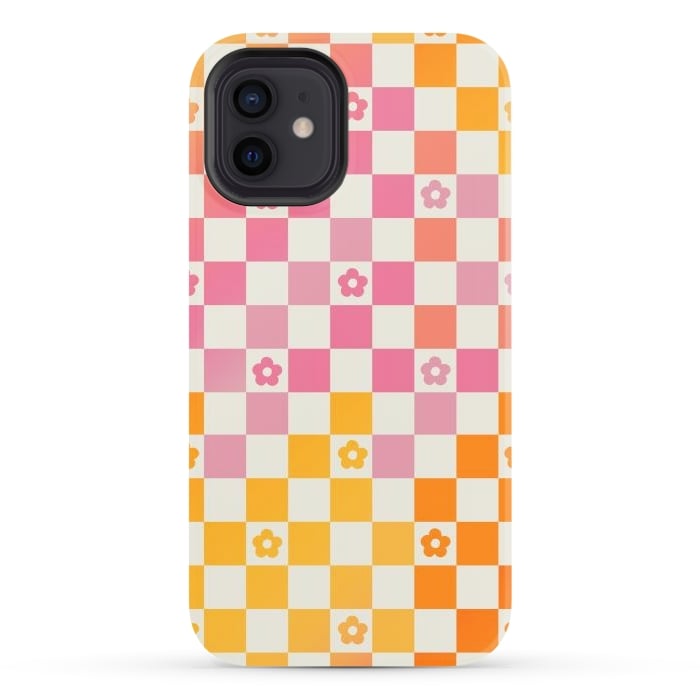 iPhone 12 StrongFit Retro checks and daisy flowers - 70s gradient checkered pattern by Oana 