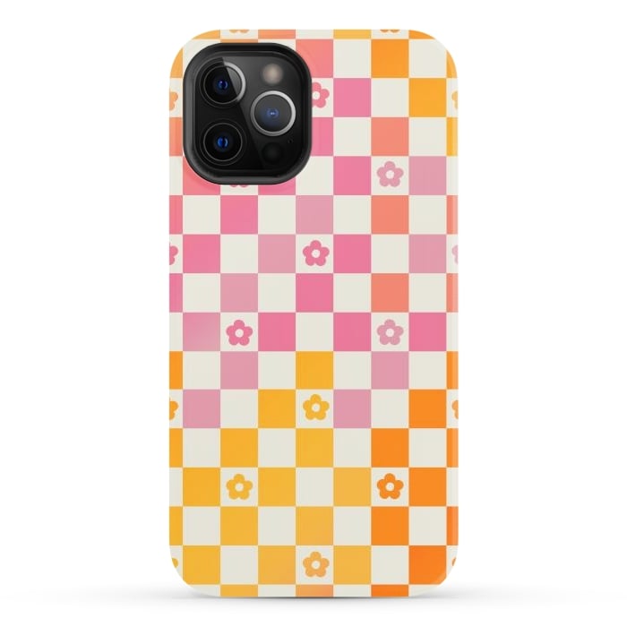 iPhone 12 Pro StrongFit Retro checks and daisy flowers - 70s gradient checkered pattern by Oana 