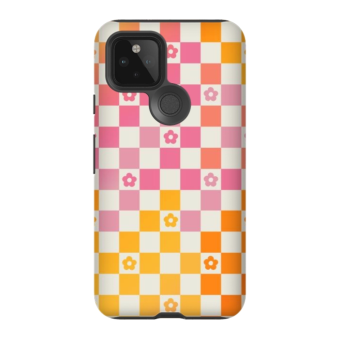 Pixel 5 StrongFit Retro checks and daisy flowers - 70s gradient checkered pattern by Oana 