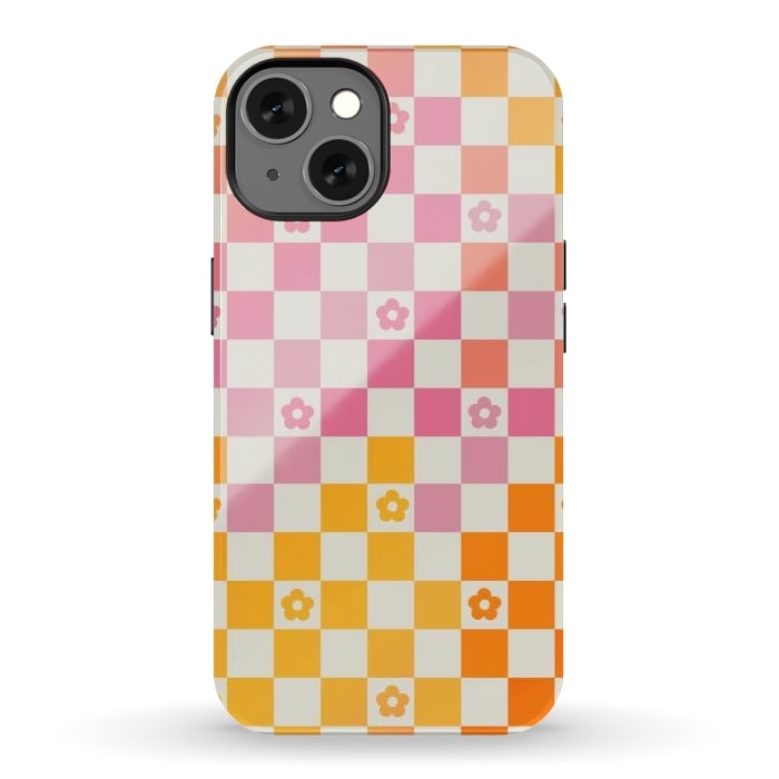 iPhone 13 StrongFit Retro checks and daisy flowers - 70s gradient checkered pattern by Oana 