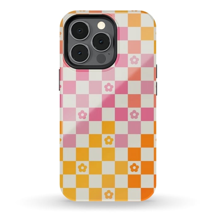 iPhone 13 pro StrongFit Retro checks and daisy flowers - 70s gradient checkered pattern by Oana 