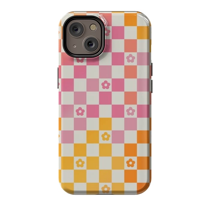iPhone 14 StrongFit Retro checks and daisy flowers - 70s gradient checkered pattern by Oana 