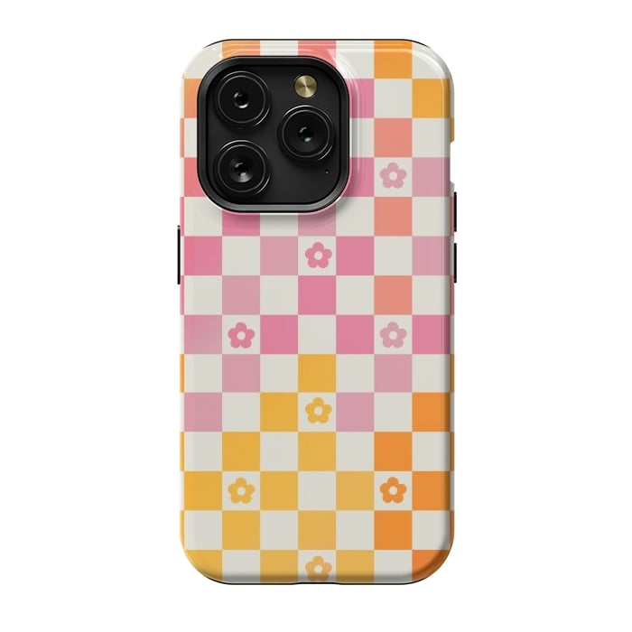 iPhone 15 Pro StrongFit Retro checks and daisy flowers - 70s gradient checkered pattern by Oana 