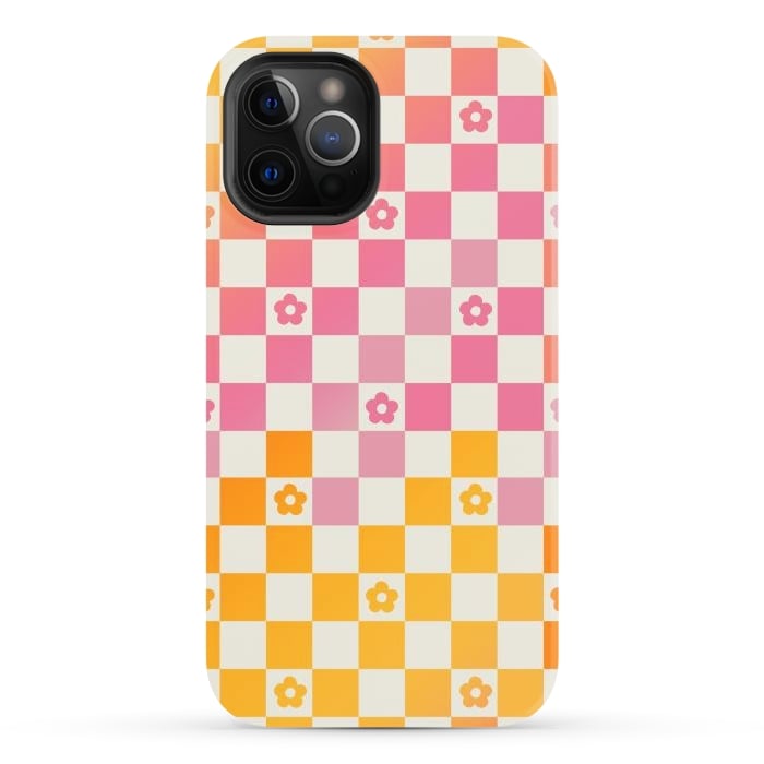 iPhone 12 Pro Max StrongFit Retro checks and daisy flowers - 70s gradient checkered pattern by Oana 
