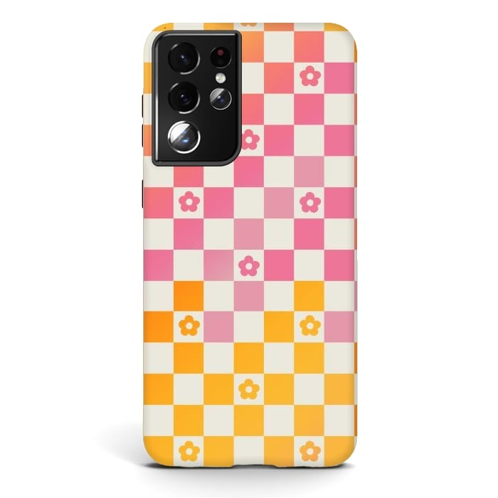 Galaxy S21 ultra StrongFit Retro checks and daisy flowers - 70s gradient checkered pattern by Oana 