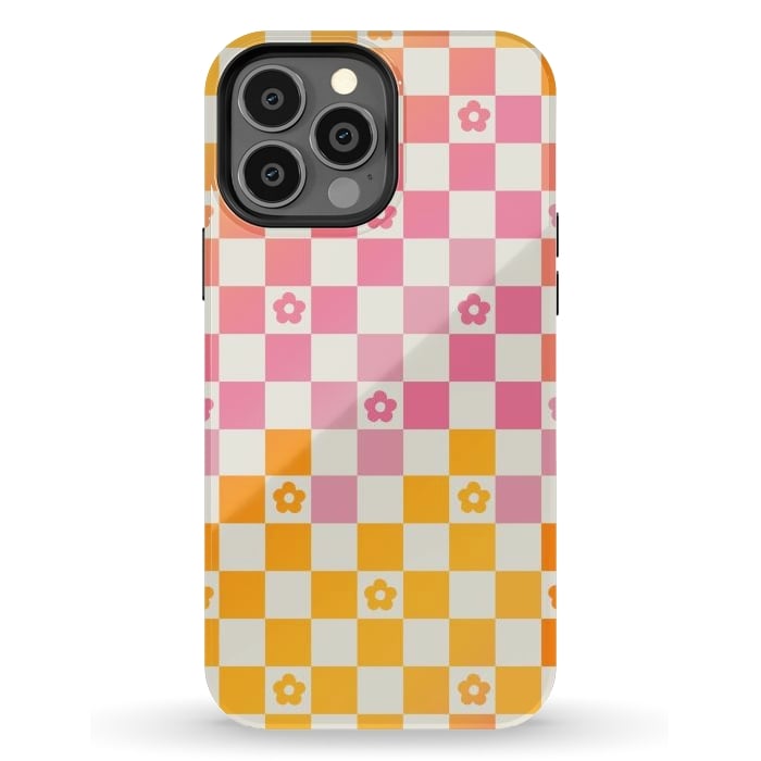 iPhone 13 Pro Max StrongFit Retro checks and daisy flowers - 70s gradient checkered pattern by Oana 