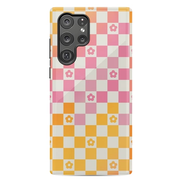 Galaxy S22 Ultra StrongFit Retro checks and daisy flowers - 70s gradient checkered pattern by Oana 