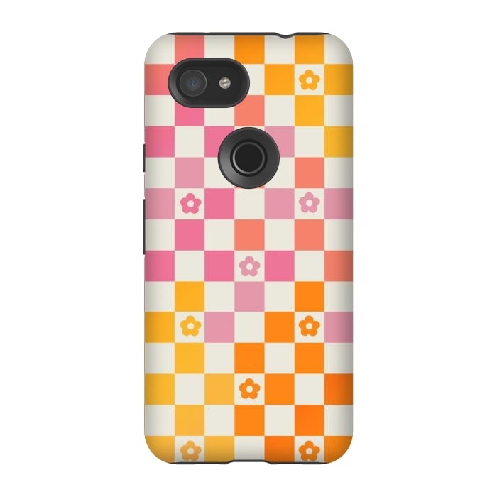 Pixel 3A StrongFit Retro checks and daisy flowers - 70s gradient checkered pattern by Oana 
