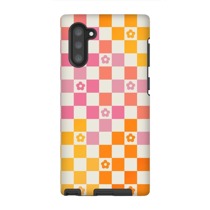 Galaxy Note 10 StrongFit Retro checks and daisy flowers - 70s gradient checkered pattern by Oana 
