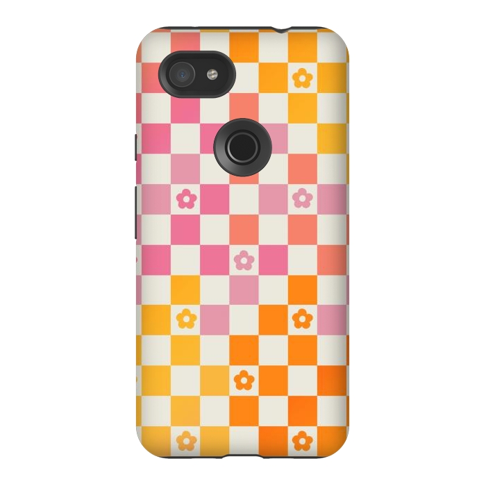 Pixel 3AXL StrongFit Retro checks and daisy flowers - 70s gradient checkered pattern by Oana 